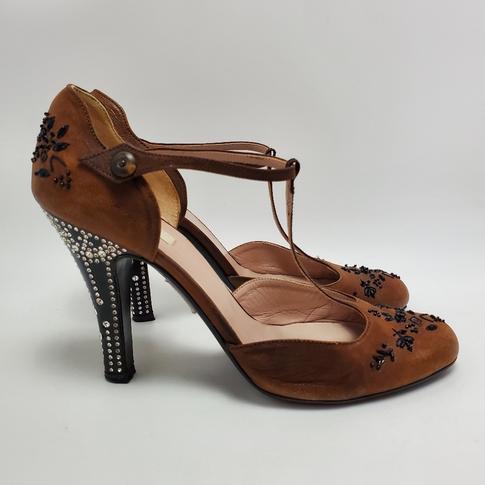 Prada Crystal Heel Embellished T-strap Leather Beaded Heels Shoes Brown Size 37